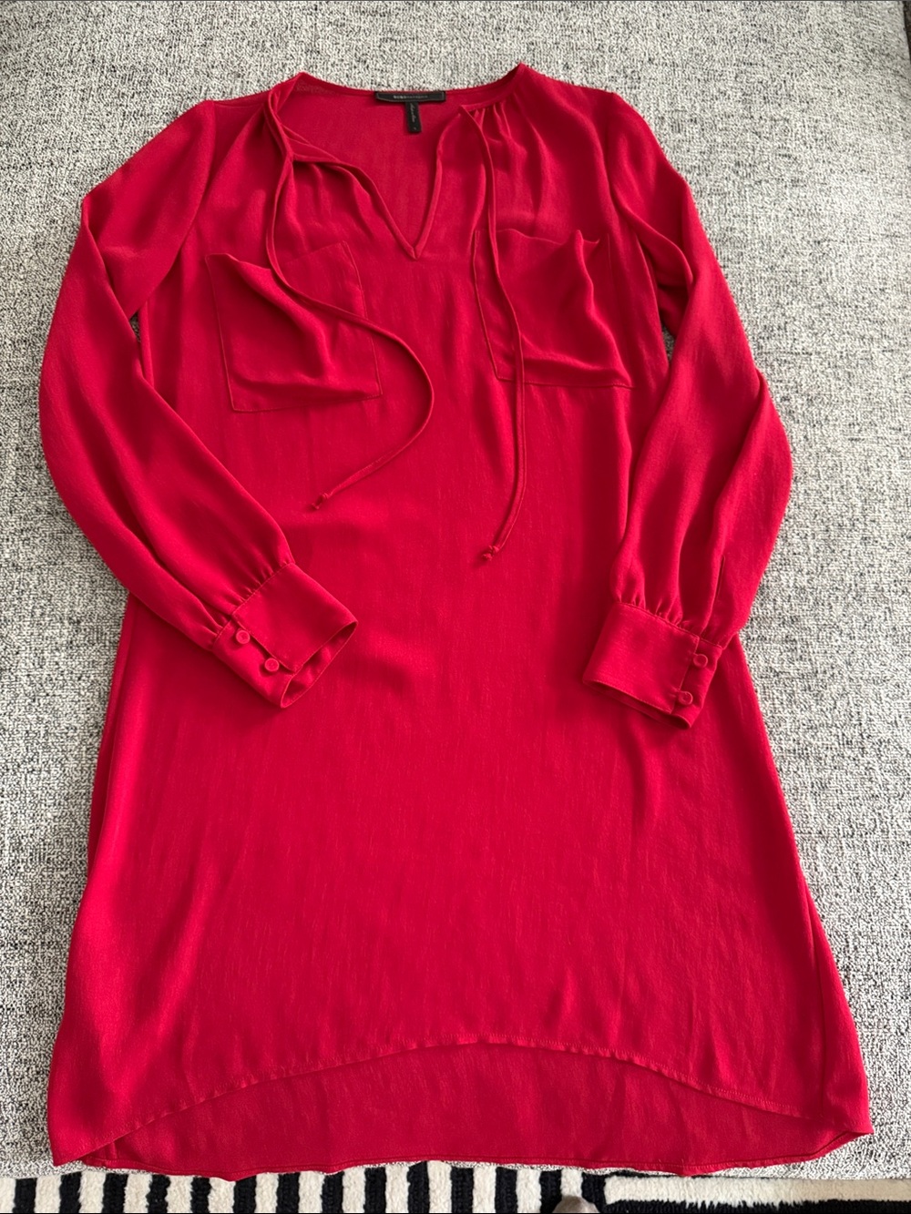 BCBGMaxAzria Vibrant Red Long-Sleeve Tie-Neck Tunic Dress